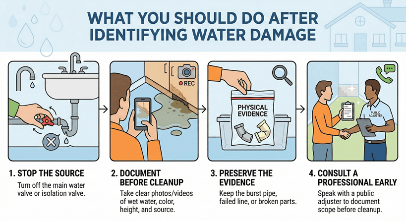 Infographic showing what you should do after identifying water damage